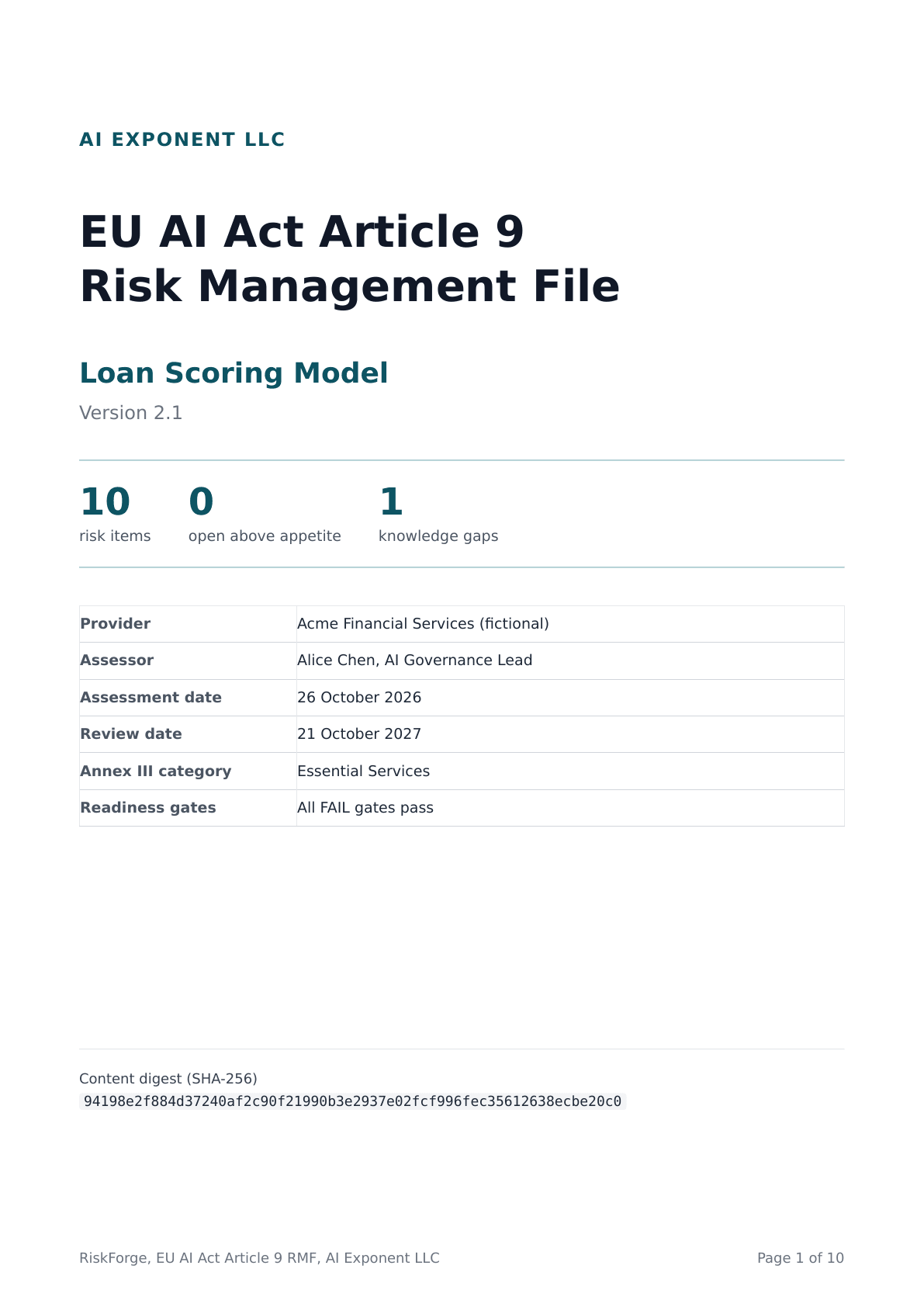 Risk Management File, first page: Article 9 Risk Management File from riskforge 2.0.0, captured 2026-10-26, on Loan Scoring Model v2.1, Acme Financial Services (fictional).